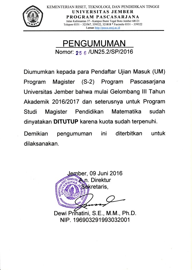 Pengumuman S2 Pend Mtk ditutup