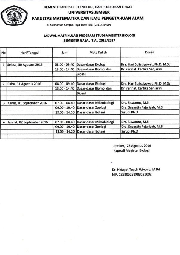jadwal matrikulasi s2 biologi