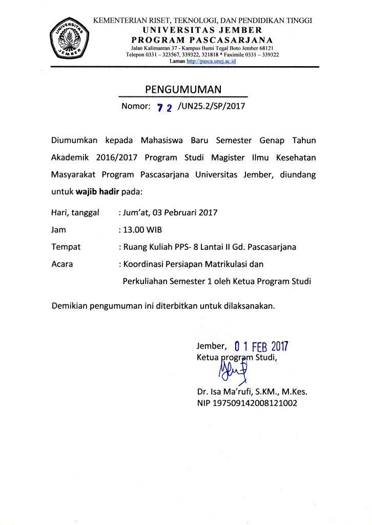 Pengumuman Matrikulasi S2 IKM
